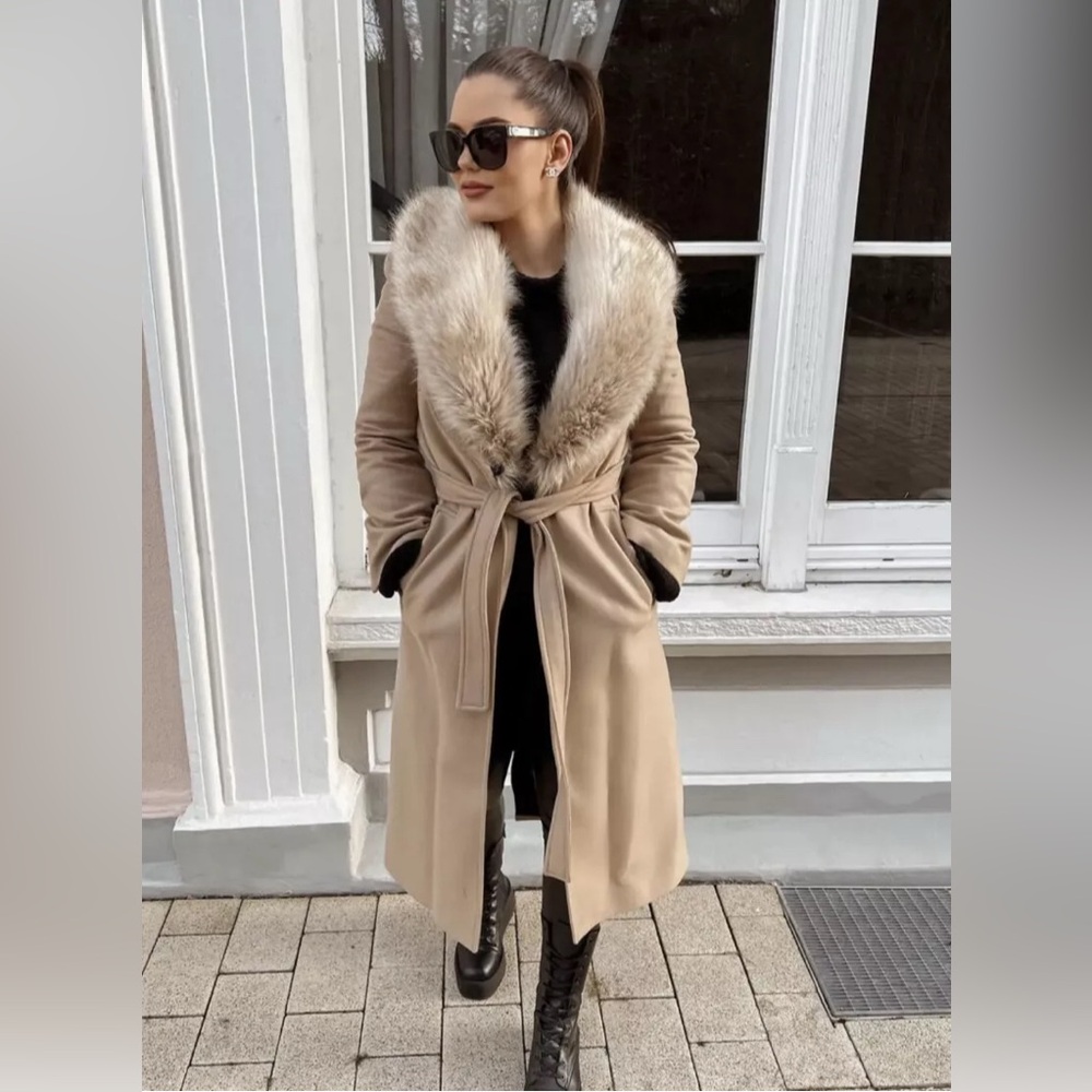 🐻 ZARA NEW WOMEN  FAUX FUR WOOL BLEND LAPEL COLLAR COAT 🐻